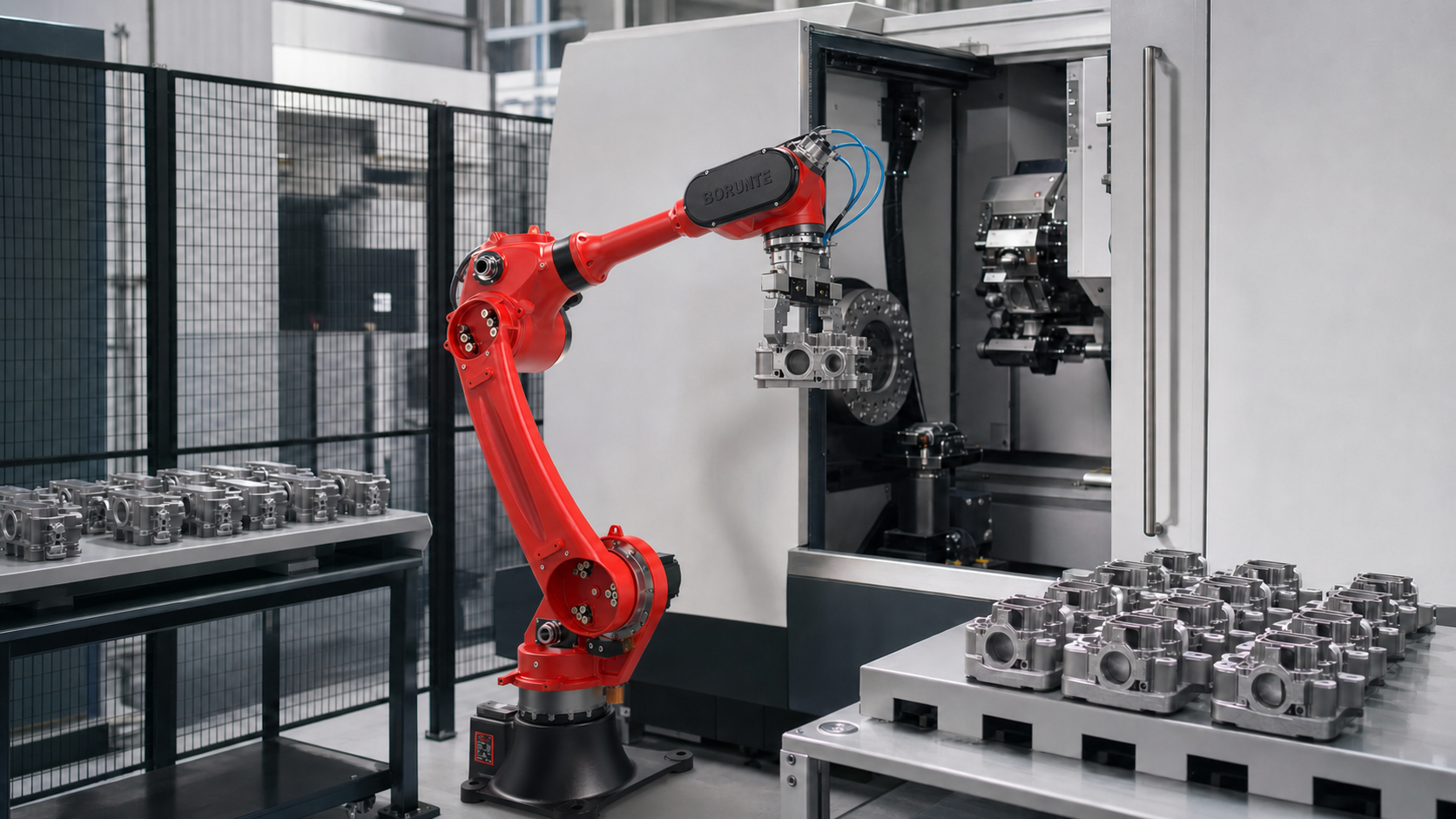 Robô industrial Borunte operando uma máquina CNC