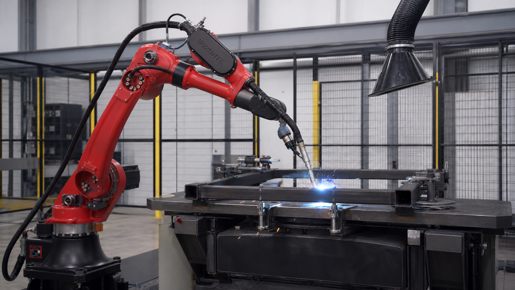 Robô industrial Borunte em uma célula robotizada de soldagem
